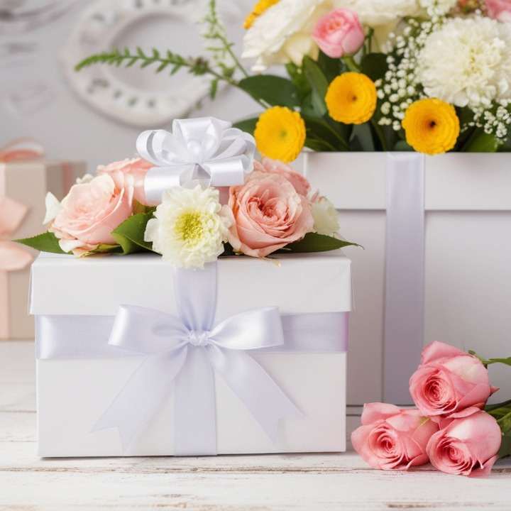 Поздравительный букет в коробках: белая с розовыми розами и белыми цветами, позади разноцветные цветы, на столе розовые розы.